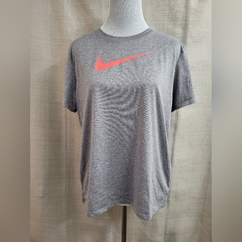 Nike Women's Dri-Fit Tee‎ Shirt Gray Neon Orange Swoosh Short Sleeve Size Large
